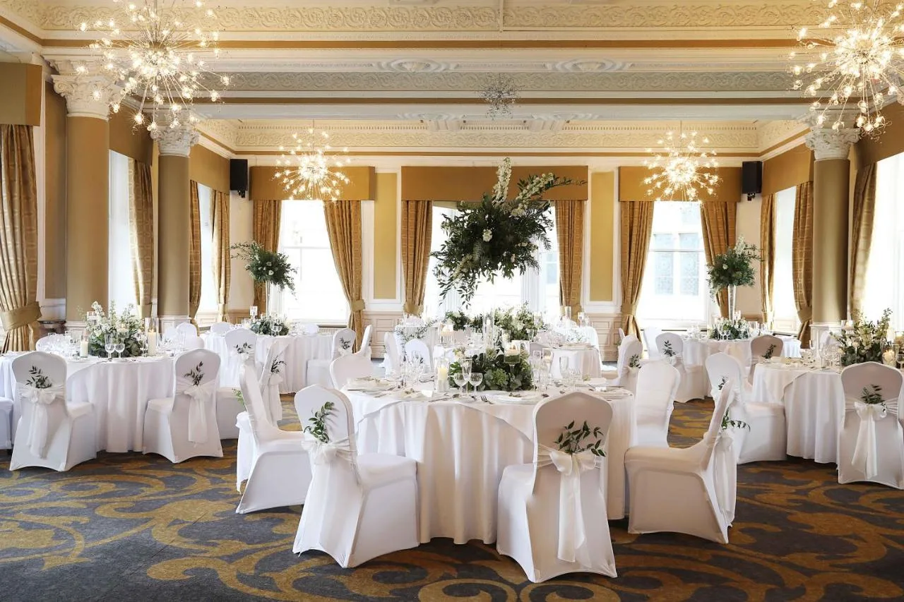 Elegant function room with chandeliers at Royal Station Hotel, Newcastle upon Tyne